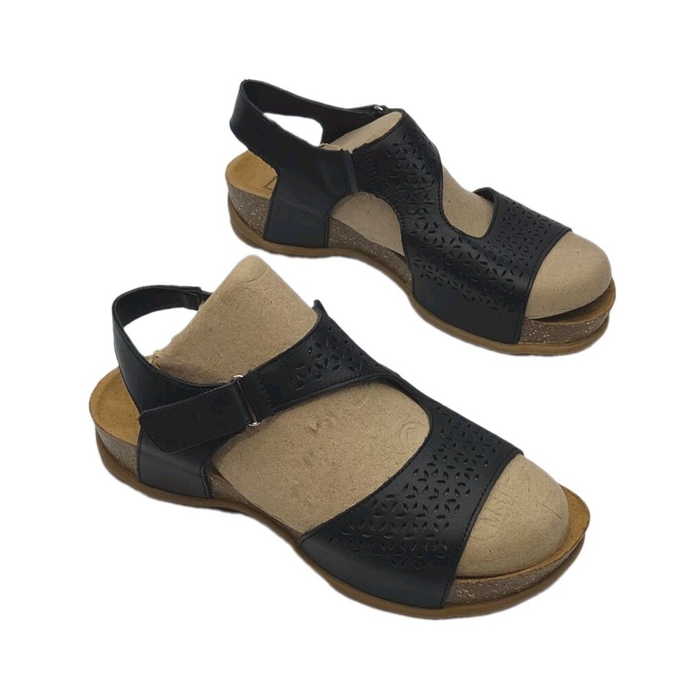 Propet Sandal Women Sz 8.5W Wide Low Platform Black Leather Adjustable Shoe